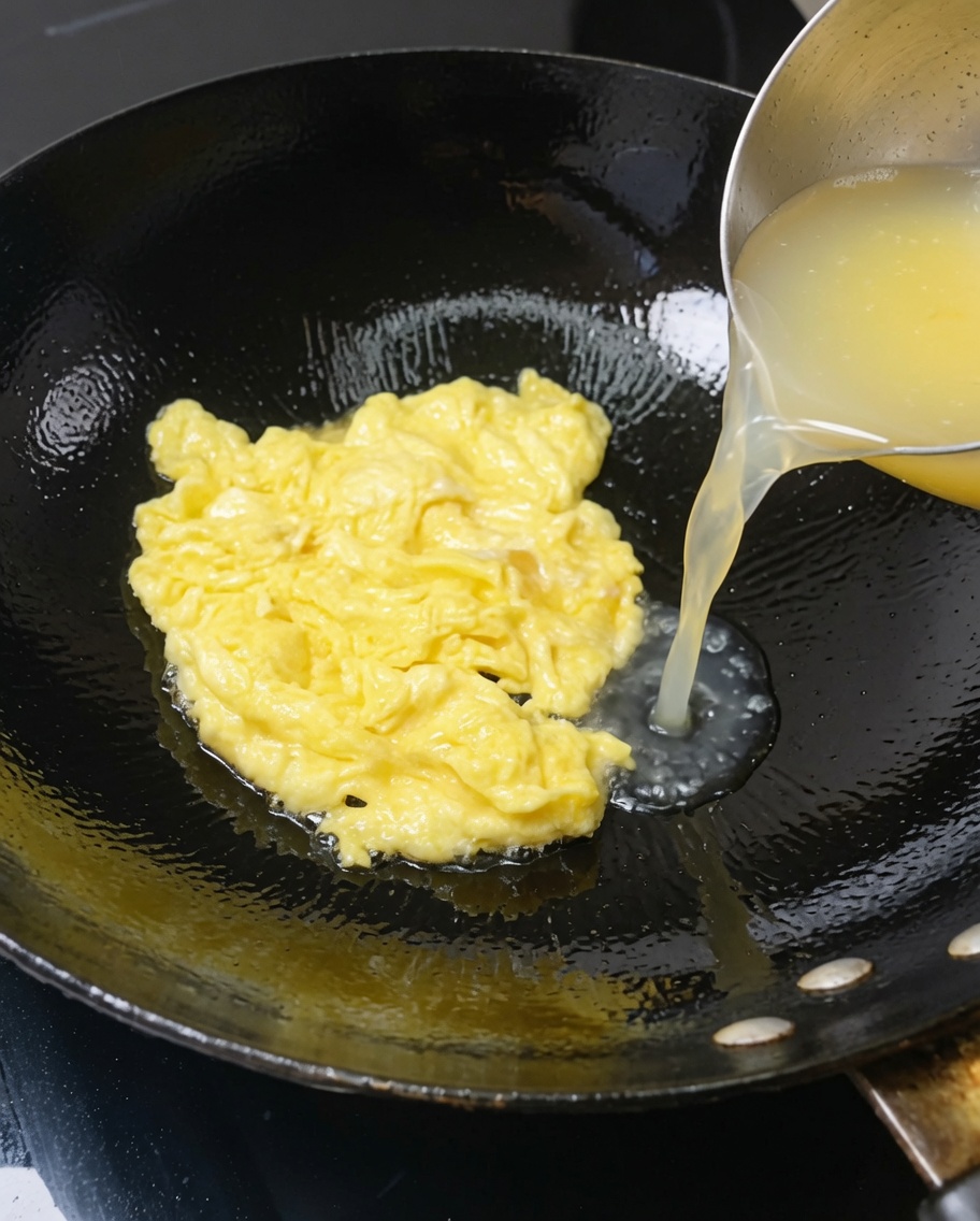 Hot water being poured over the scrambled eggs in the wok.