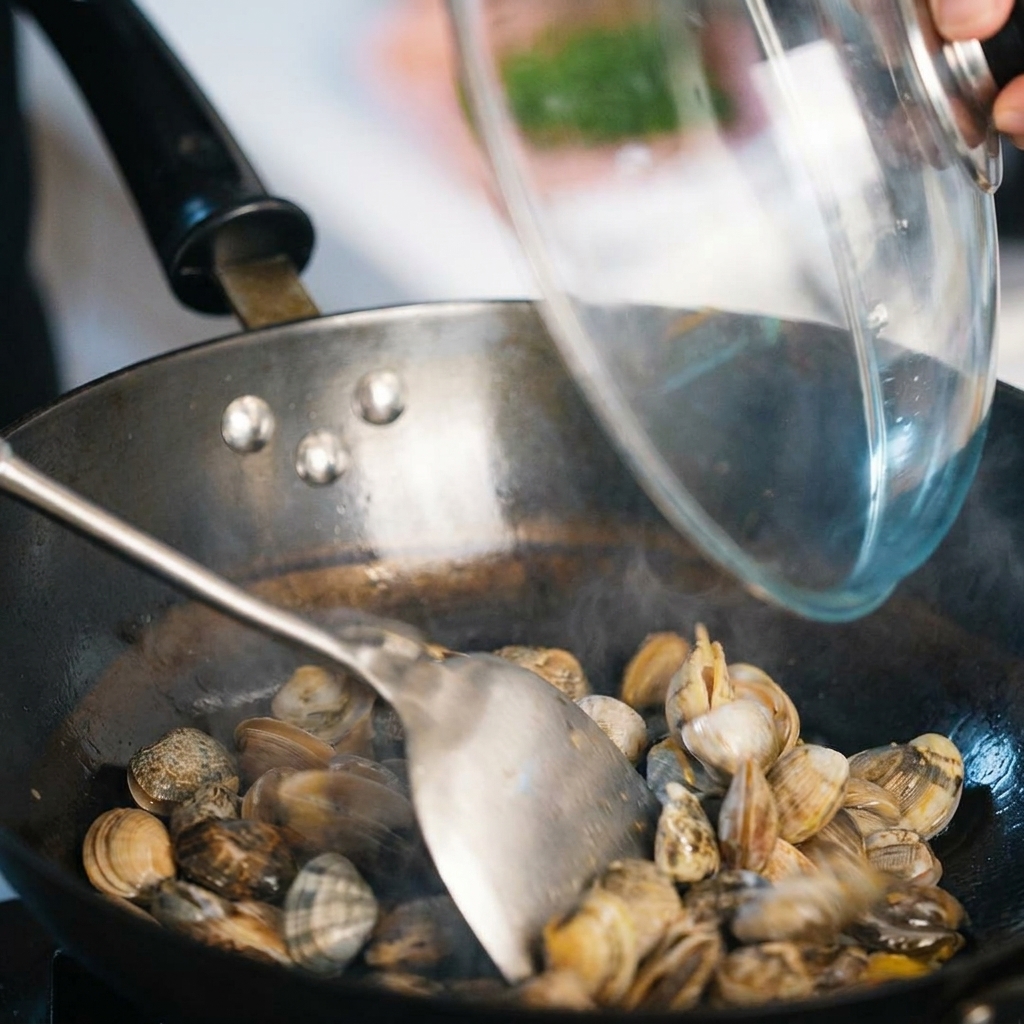 Fresh clams being added to the aromatics in the pan.