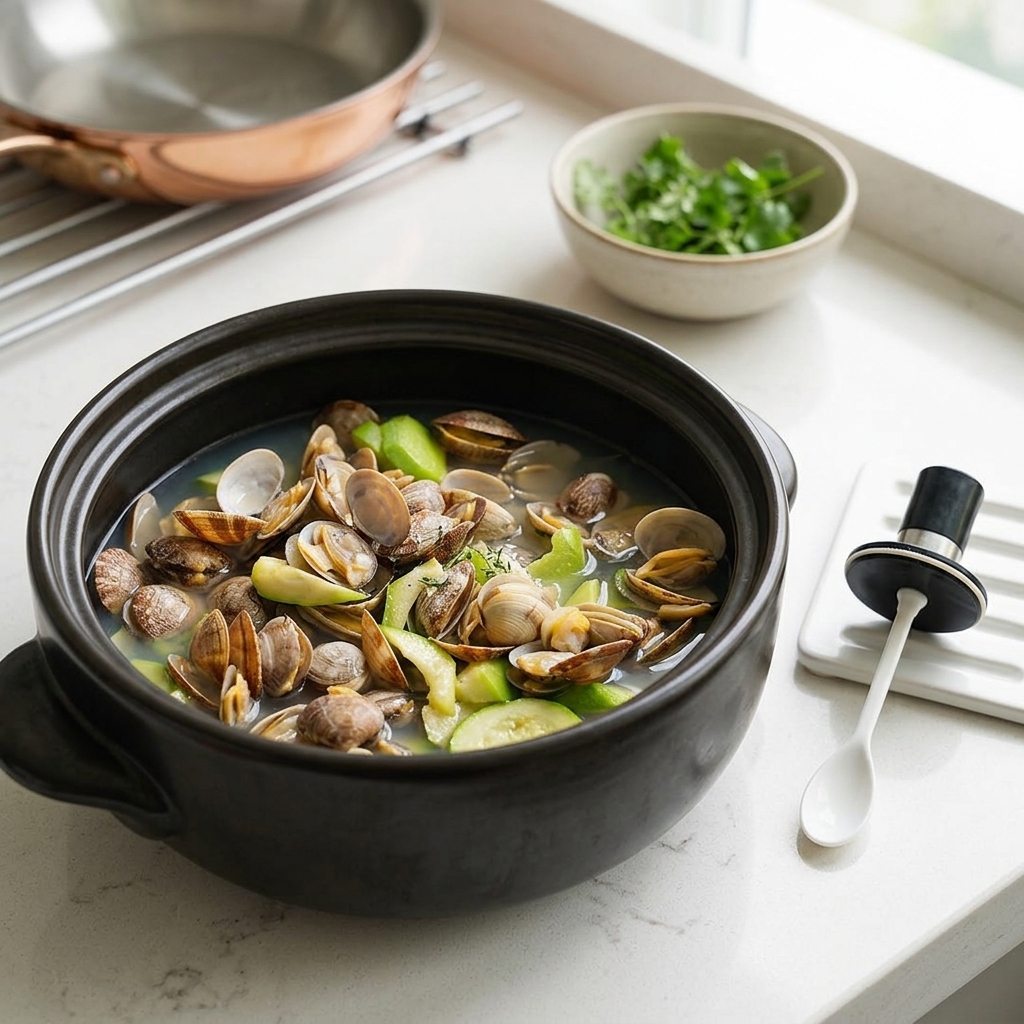 Salt being seasoned into the simmering clam and luffa broth in a clay pot.
