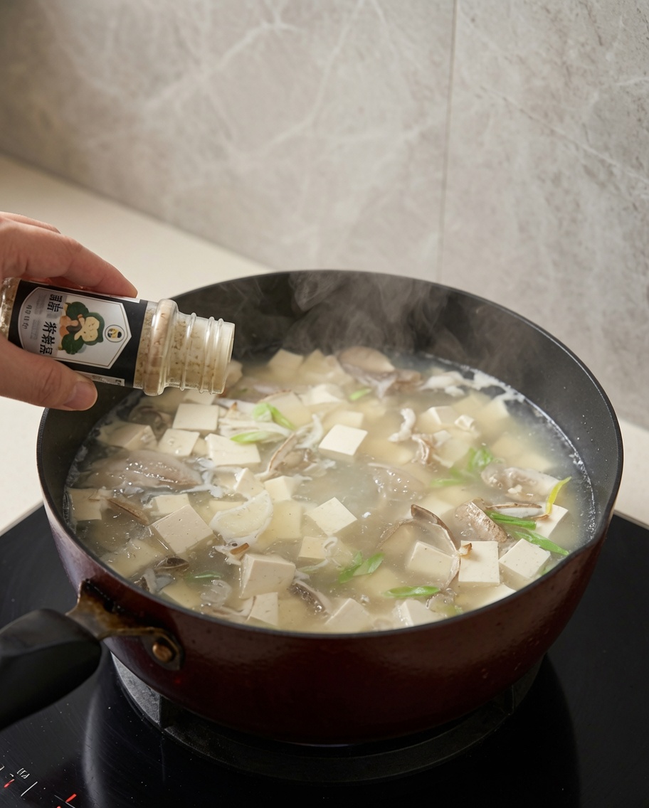 Adding chicken bouillon powder to the soup using a small spoon.