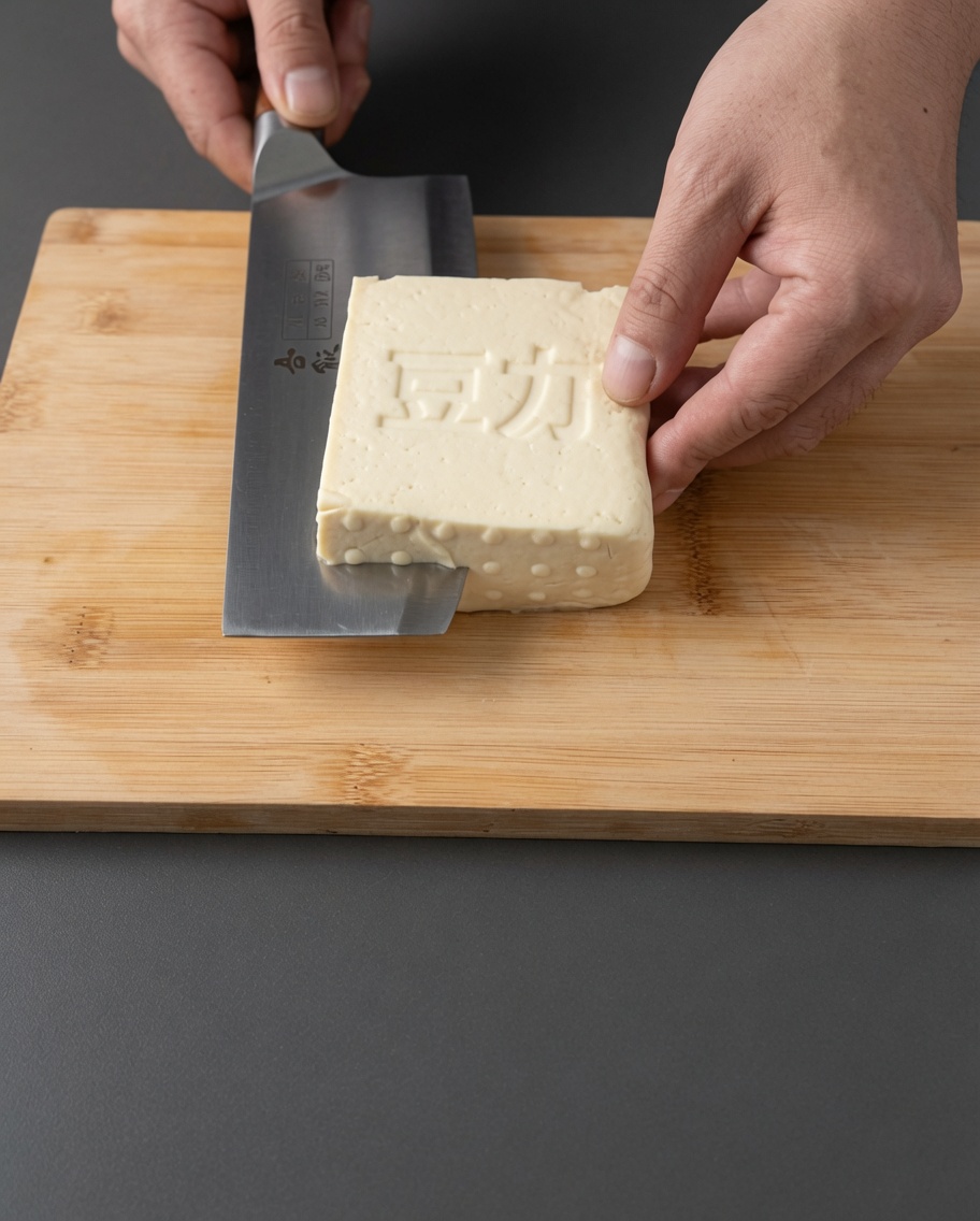 A block of firm tofu being sliced into consistent cubes on a wooden cutting board.