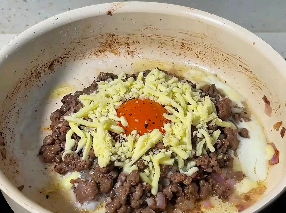 Shredded cheese covering ground beef and an egg in a pan, topped with a lid.