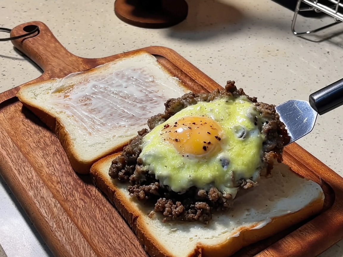 A spatula placing the cheesy beef and egg patty onto a slice of toasted bread.