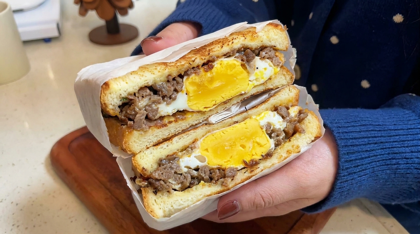 Savory Cheesy Beef & Egg Breakfast Sandwich