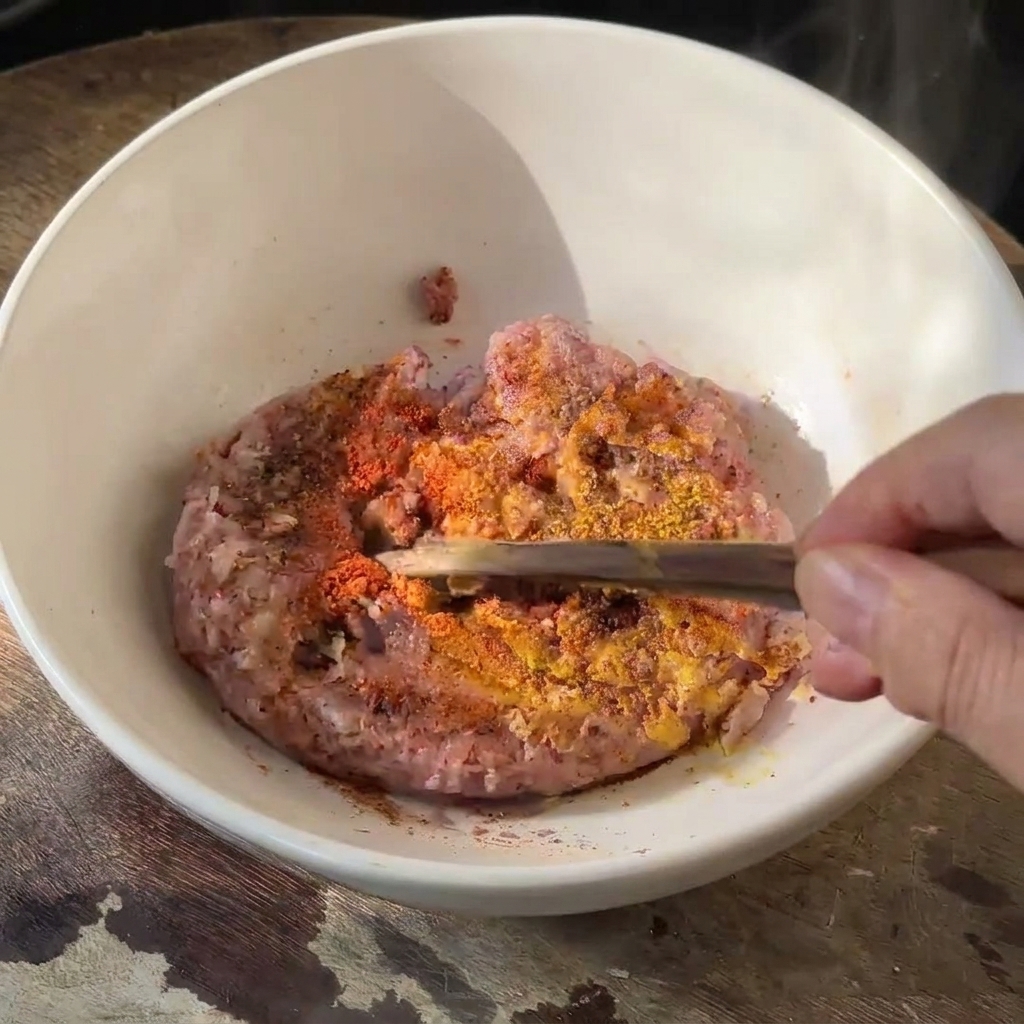 Raw minced beef in a white bowl being seasoned with red paprika and spices using chopsticks.
