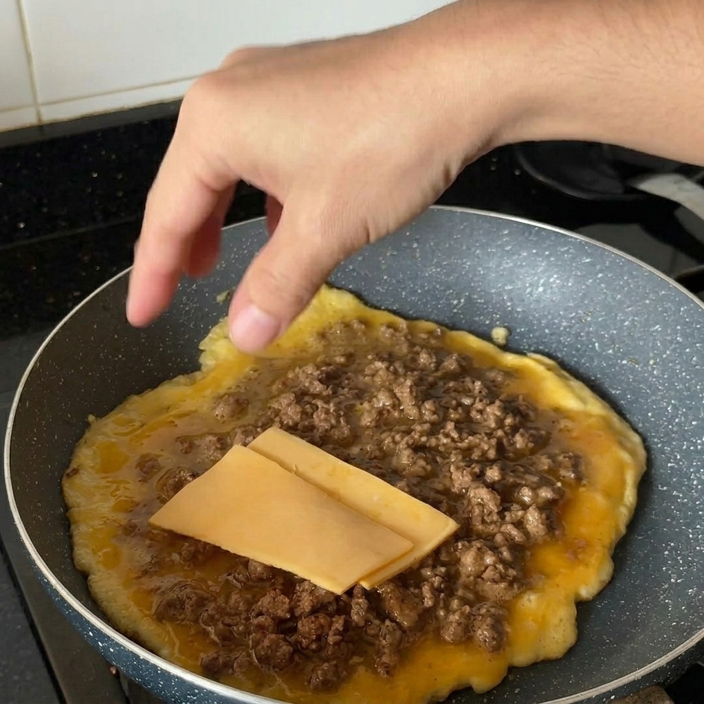 A hand placing two rectangular slices of yellow cheddar cheese onto the hot beef and egg mixture in a frying pan.