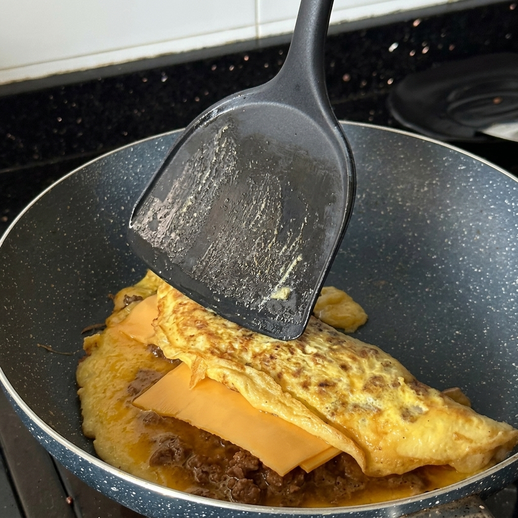 A black spatula lifting and folding a golden-brown egg and beef omelet in half in a hot pan.