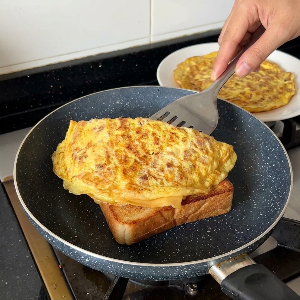 A hand using a spatula to carefully place a thick, folded egg and beef omelet onto a thick slice of toasted bread resting in a frying pan.