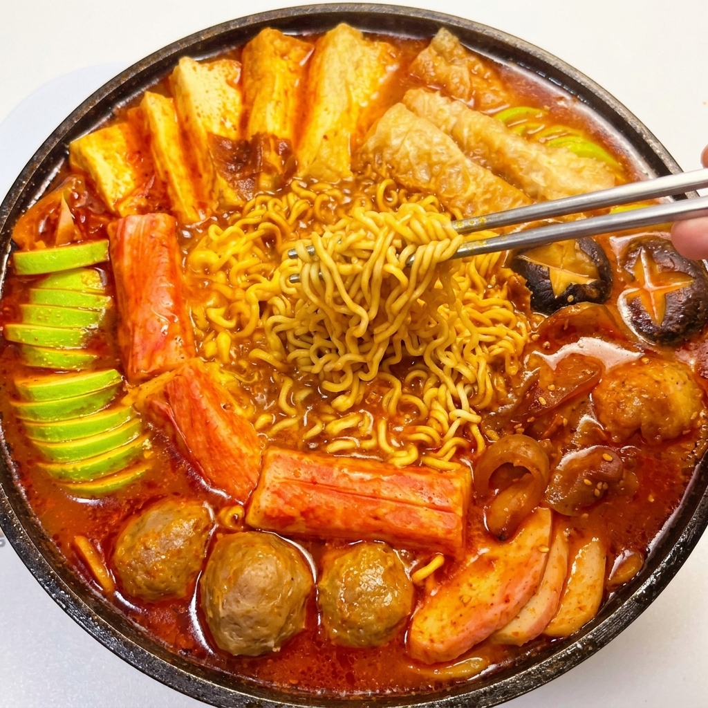 A variety of colorful ingredients including tofu, fish balls, crab sticks, and zucchini neatly arranged in a pan over a base of stir-fried aromatics.