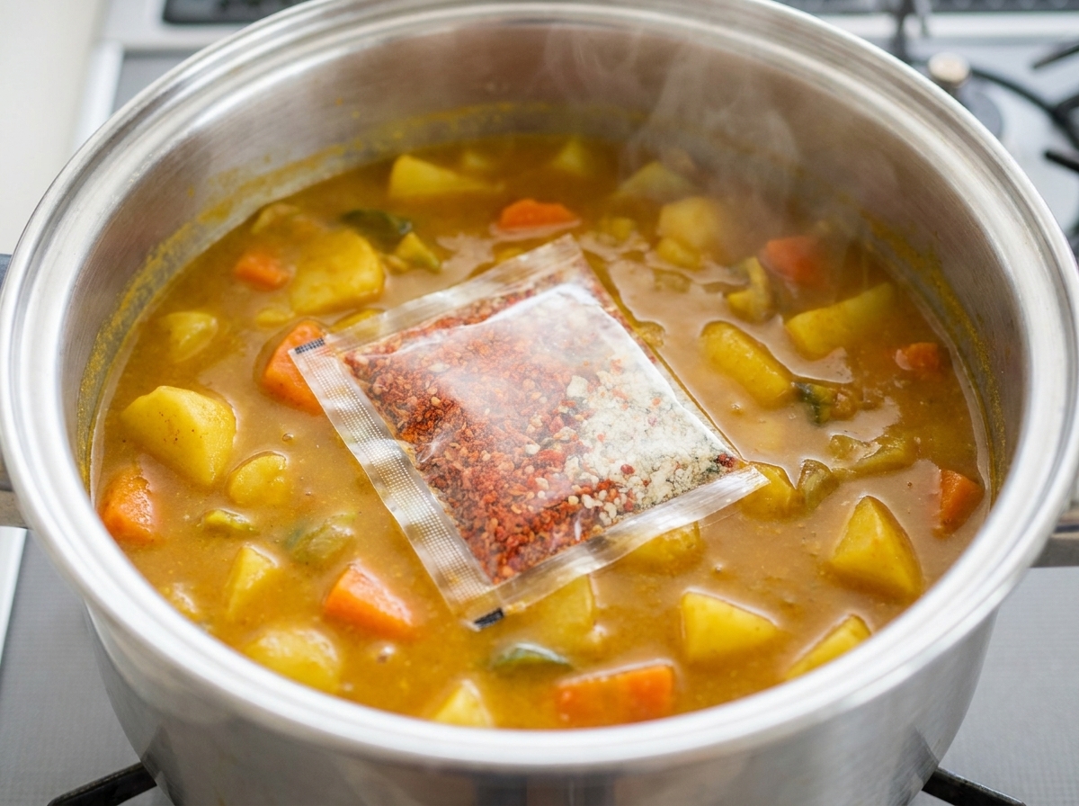 A packet of dry ramen seasoning powder being emptied into a pot of simmering kimchi stew with visible vegetables.