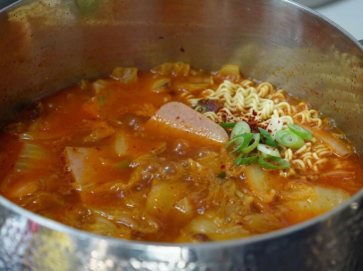 Two blocks of dry, wavy ramen noodles being placed directly into the bubbling, spicy-red kimchi stew.