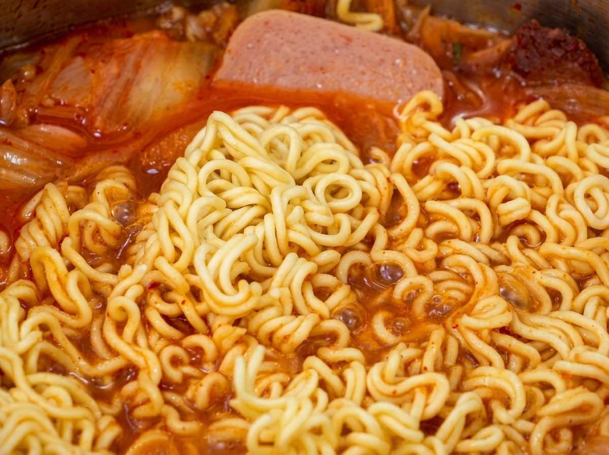 Close-up of tongs stirring softened ramen noodles into a vibrant red kimchi and sausage stew in a stainless steel pot.