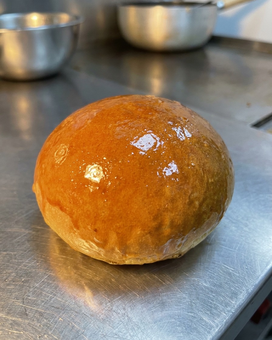 A split burger bun being toasted on a griddle, showing the golden-brown, buttery surface.