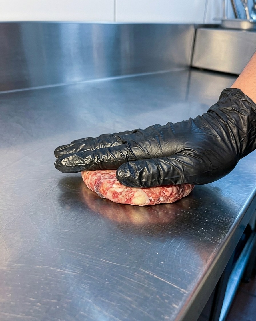 A gloved hand pressing a raw beef patty onto a hot stainless-steel griddle surface.