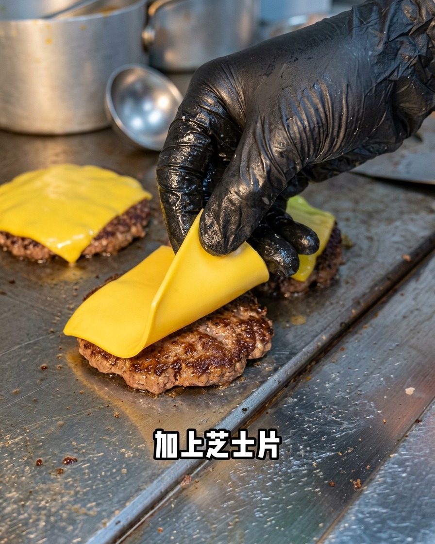A slice of yellow cheese being placed onto a seared beef patty sizzling on the griddle.