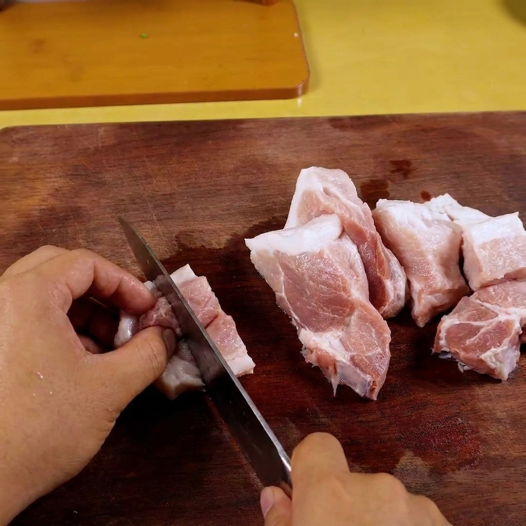Finely minced raw pork inside a food processor bowl.