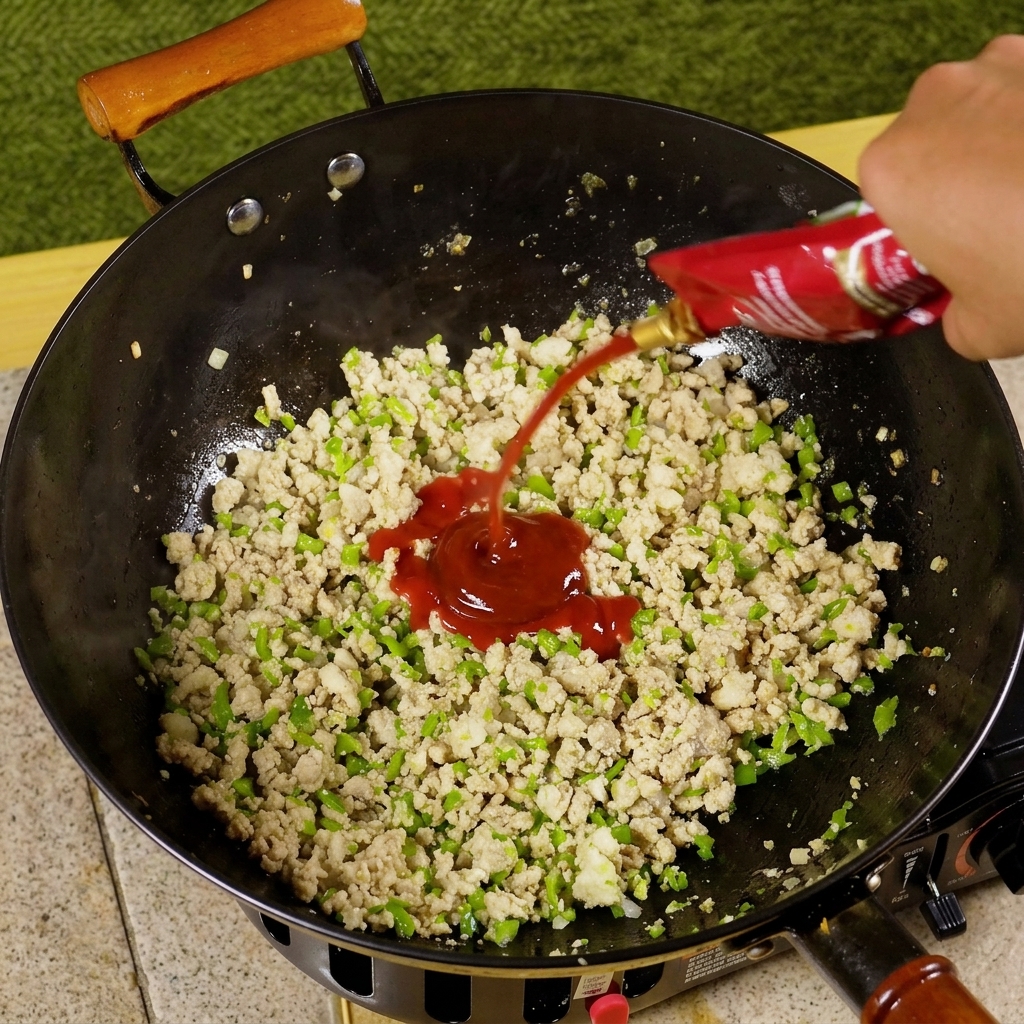Tomato paste and various seasonings being added to a pan of stir-fried meat and chili.