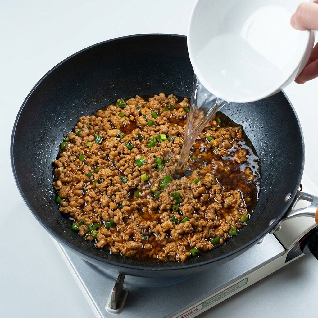 A small amount of water being poured into the pan over the seasoned meat mixture to begin simmering.