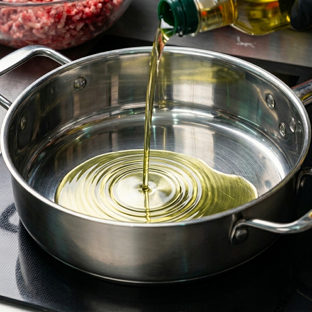 Olive oil being poured into a clean, empty stainless steel pan on a cooktop.
