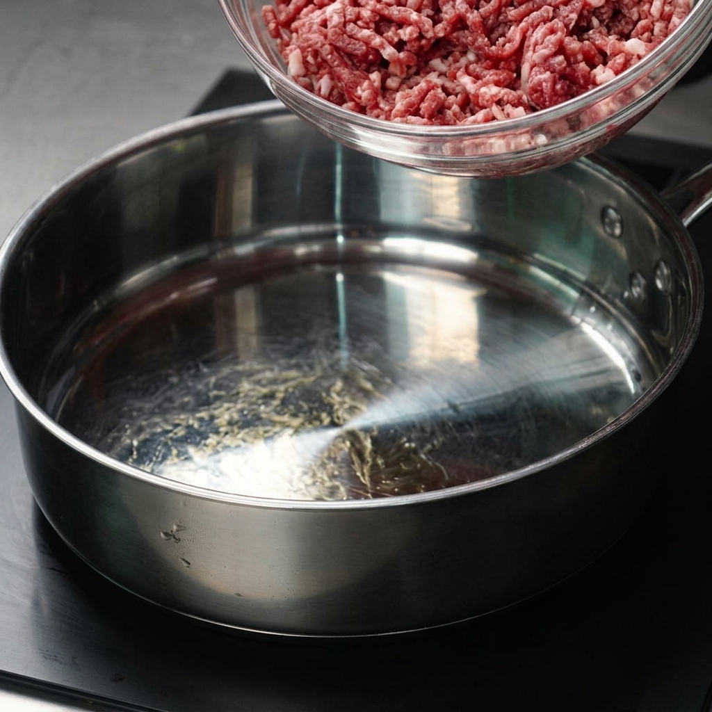 Ground beef being transferred from a glass bowl into a hot frying pan.