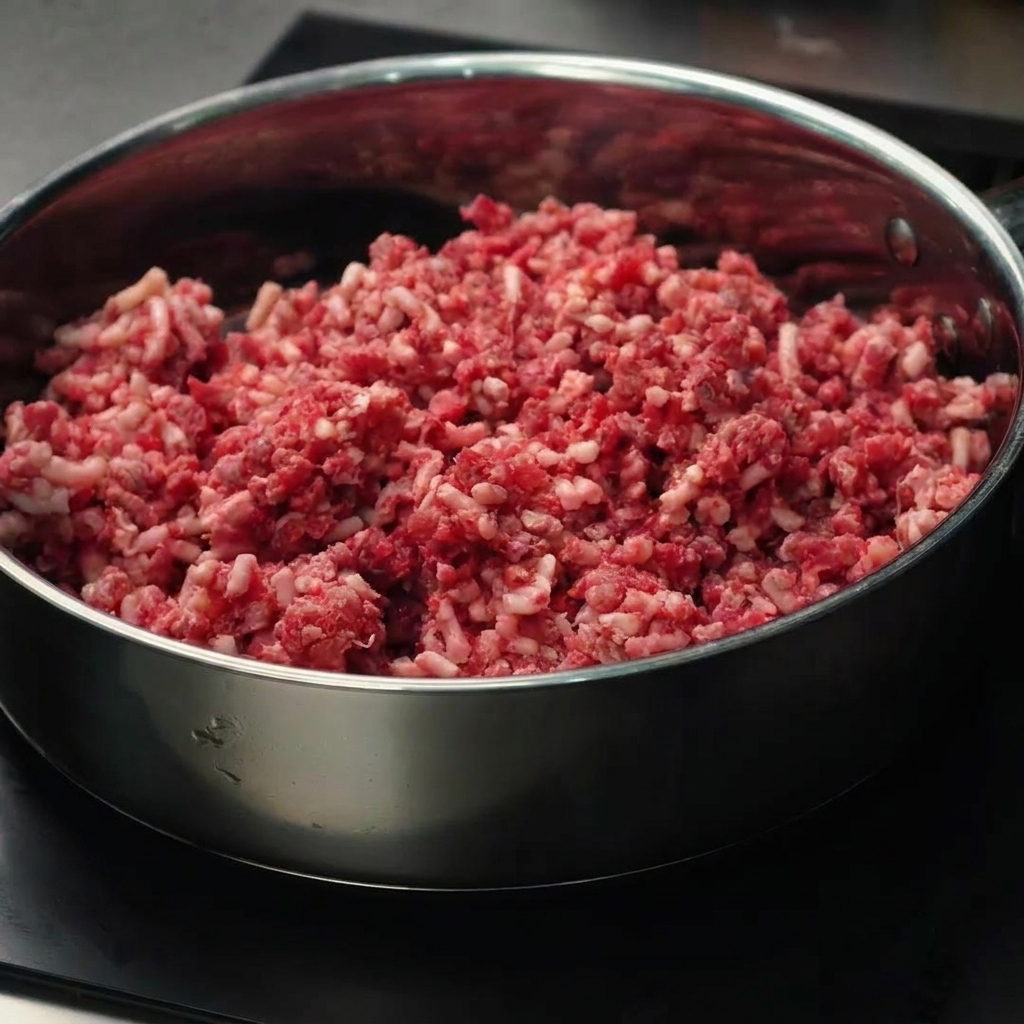 Ground beef being stirred in a pan until browned and cooked through.