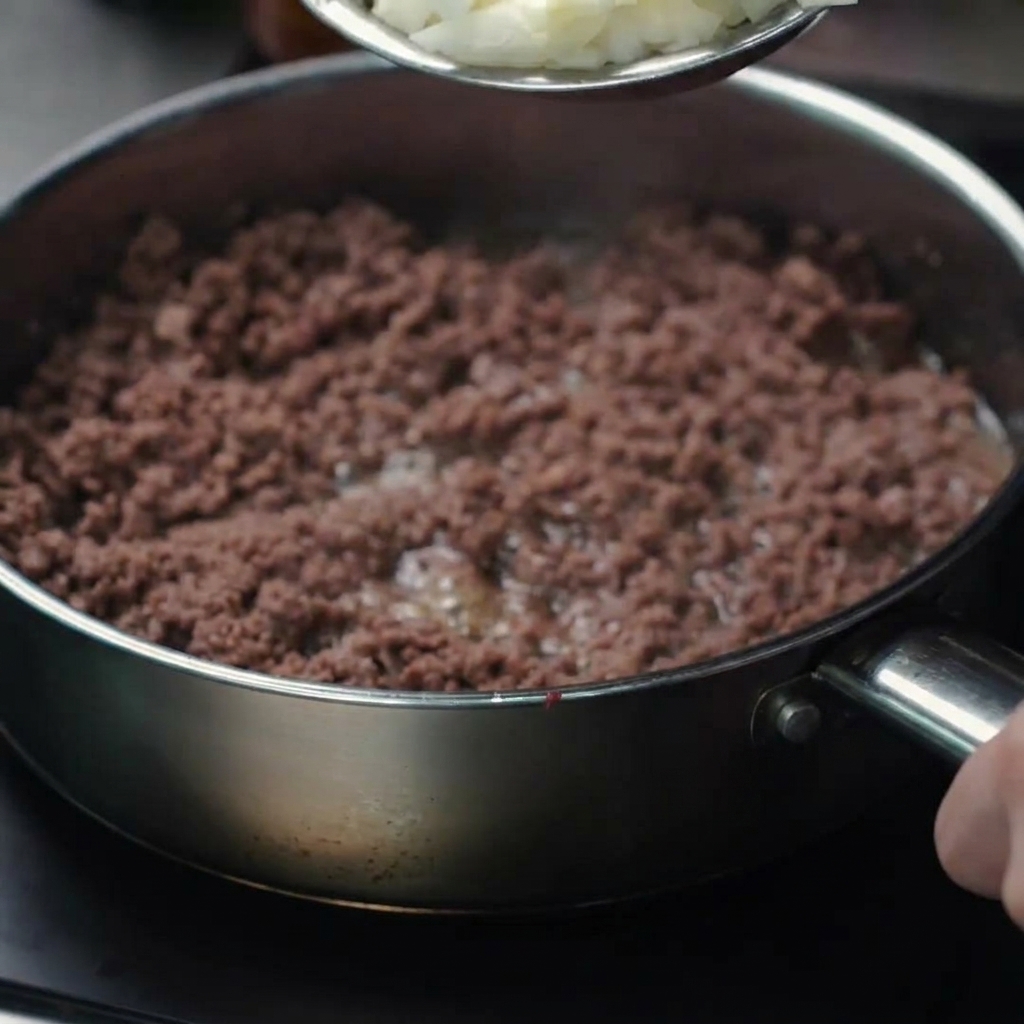 Diced onion and minced garlic being poured into the pan with browned beef.