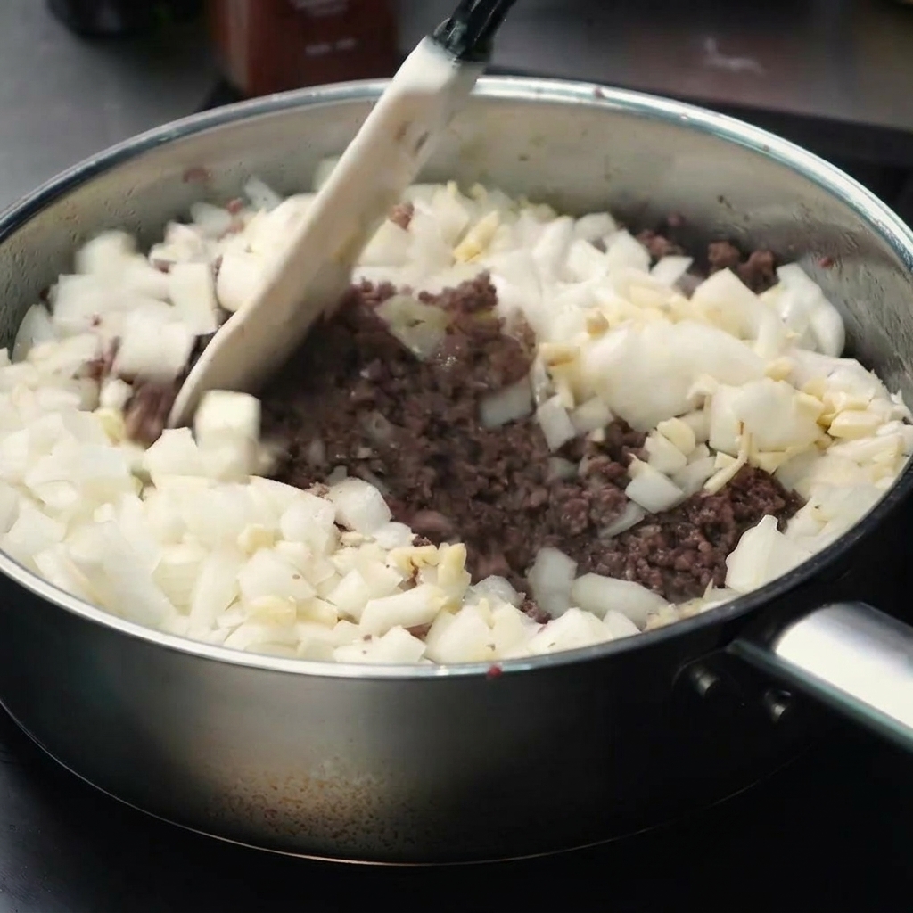 Ground beef and diced onions being stir-fried together in a pan.