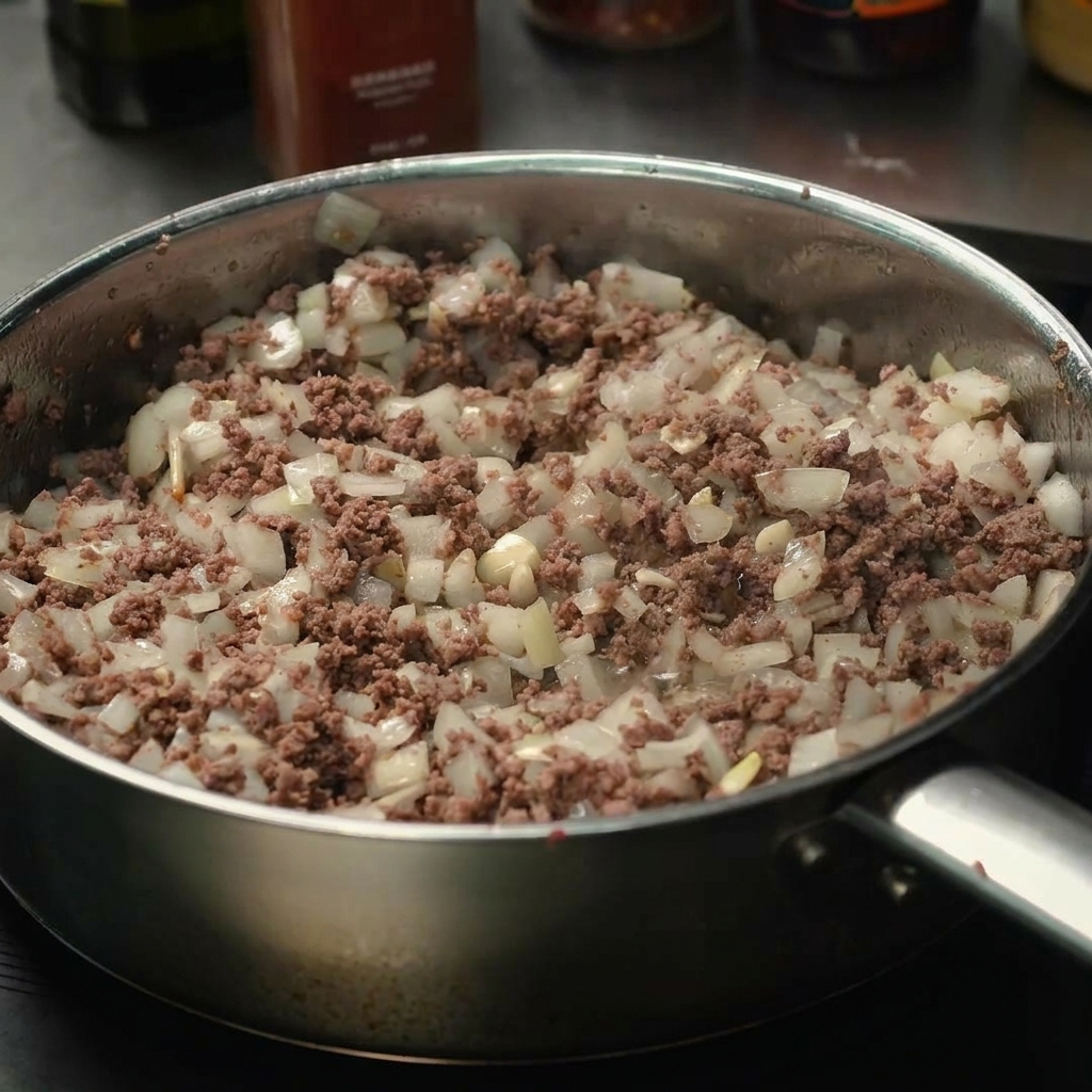 Ketchup being added to the pan containing the cooked beef and onion mixture.