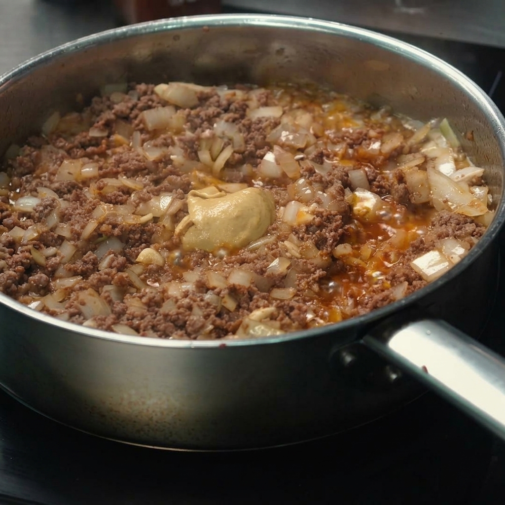 Dijon mustard being stirred into the ground beef and onion mixture in the pan.