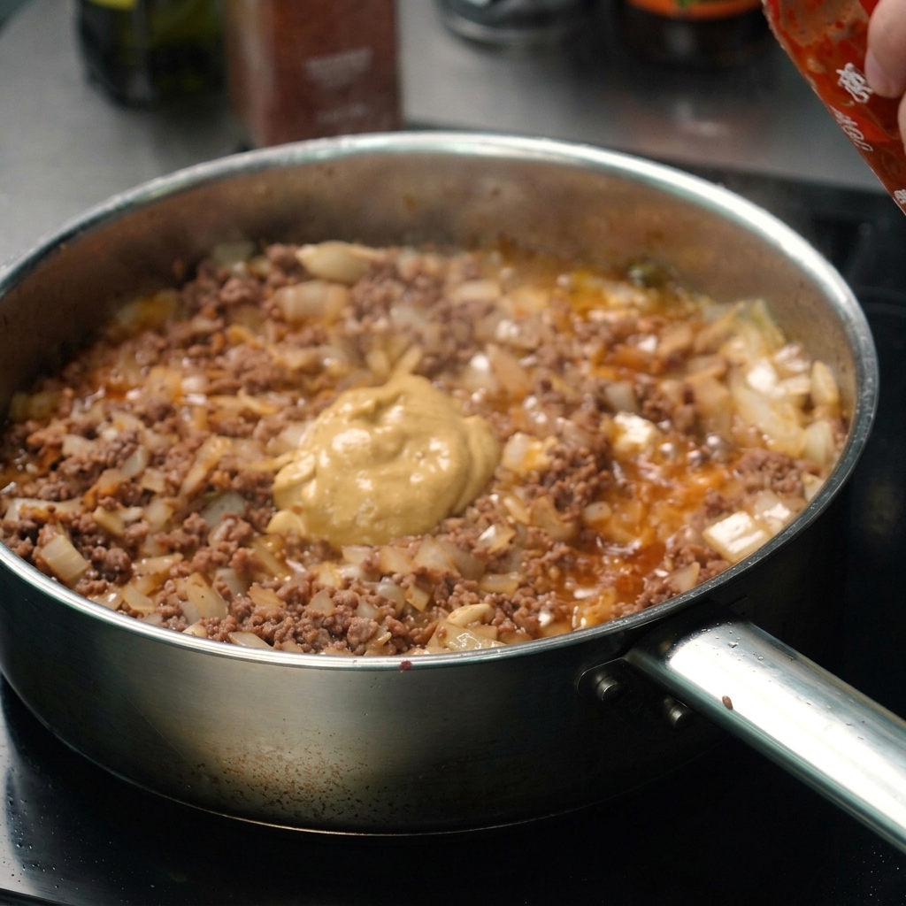 Sriracha sauce being squeezed over the cooking beef and onion mixture.