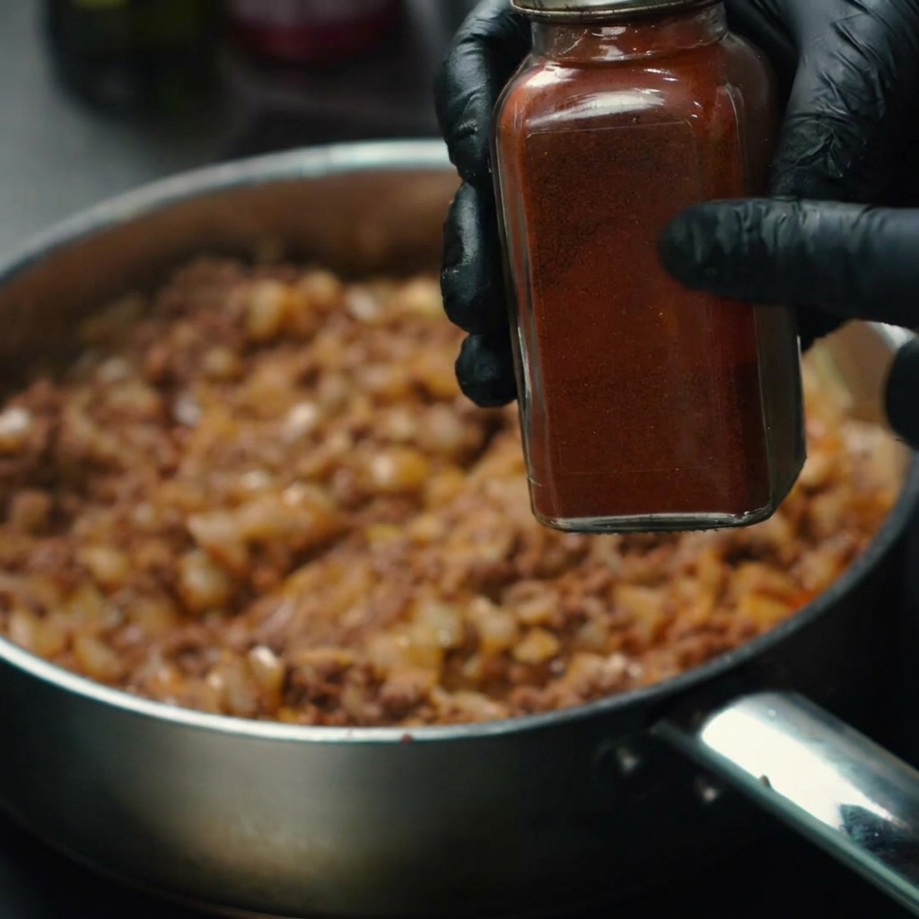 Chipotle chili powder being sprinkled into the pan onto the beef mixture.