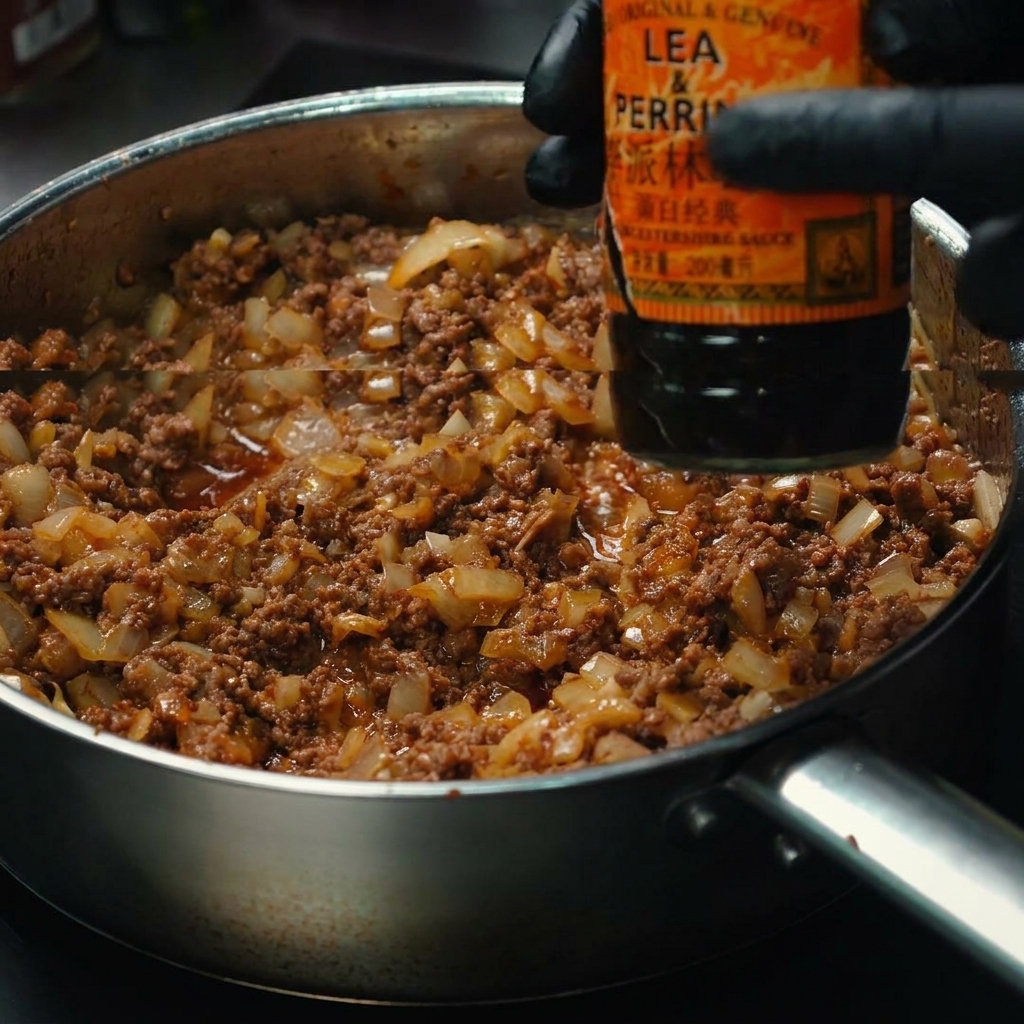 Worcestershire sauce being poured into the pan with the seasoned ground beef.