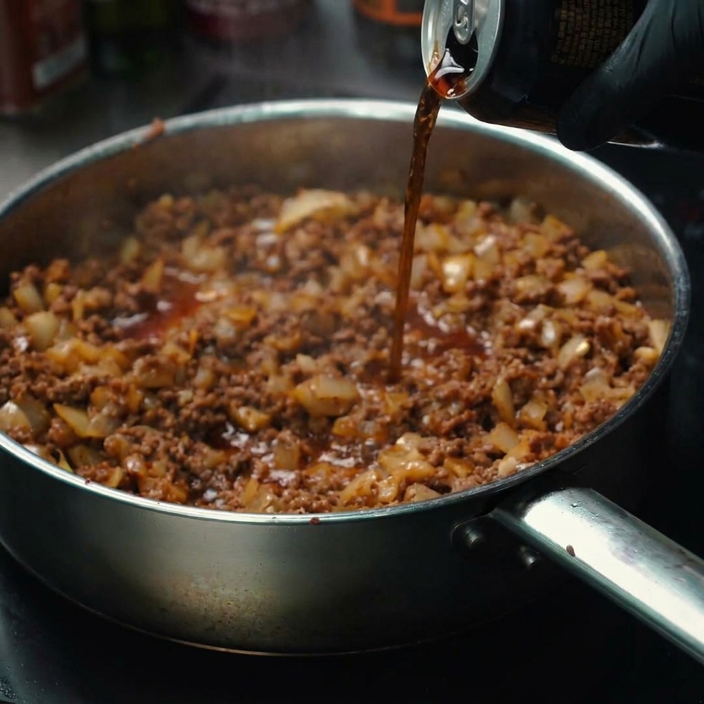 Dark beer being poured from a can into the skillet with the seasoned ground beef.