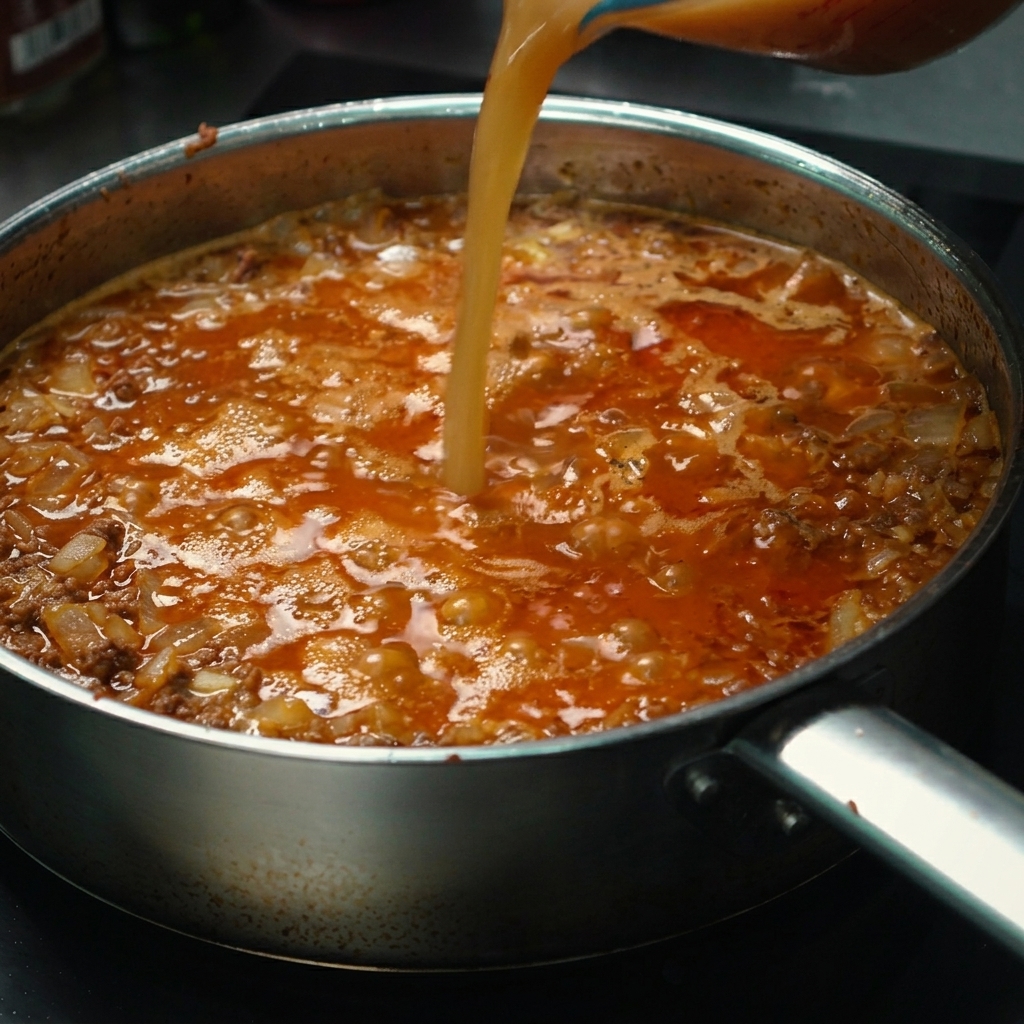 Beef broth being poured into the pan, ready to simmer with the beef and spices.