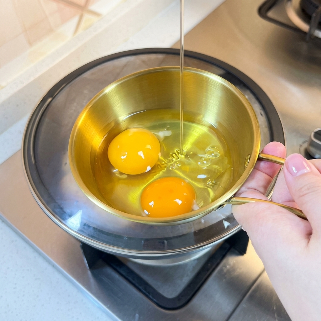 Two eggs whisked in a gold-colored metal bowl.