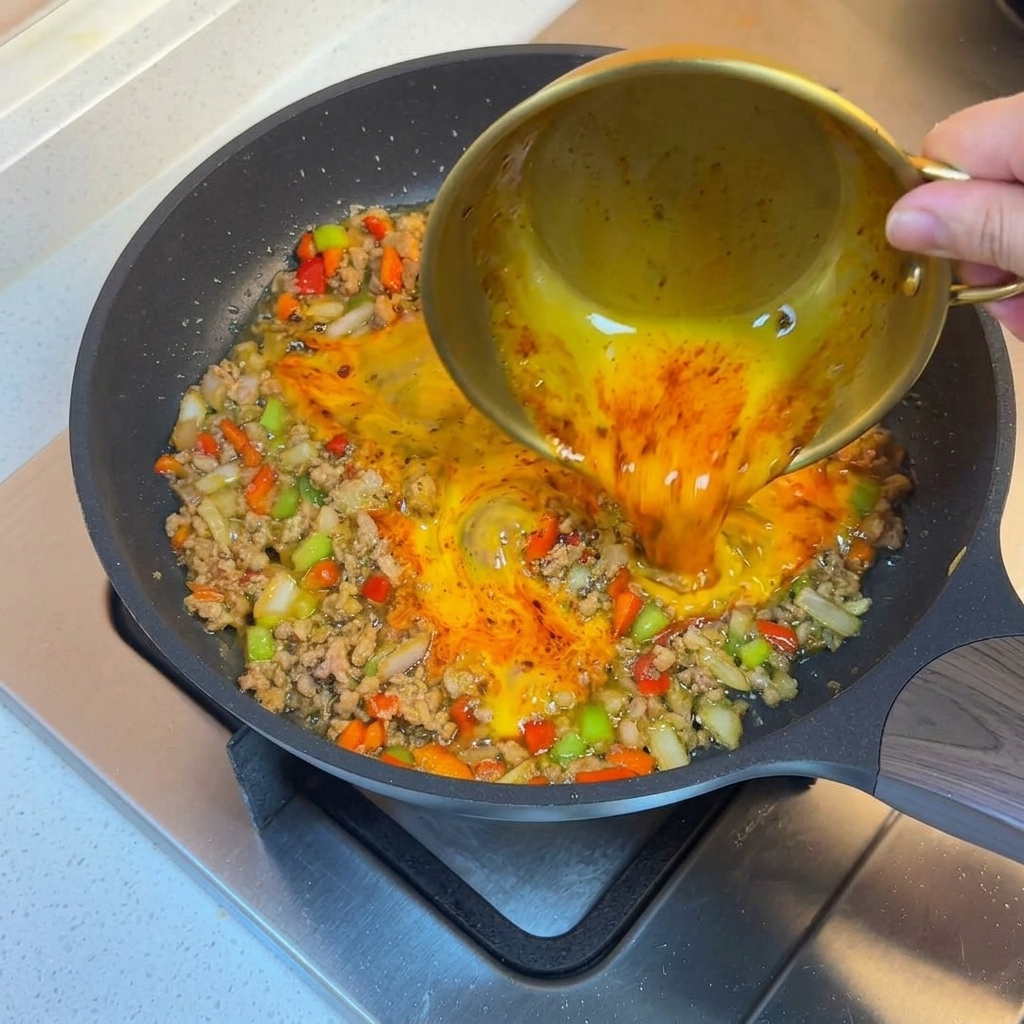 Whisked eggs poured over the meat and vegetable mixture in the pan.