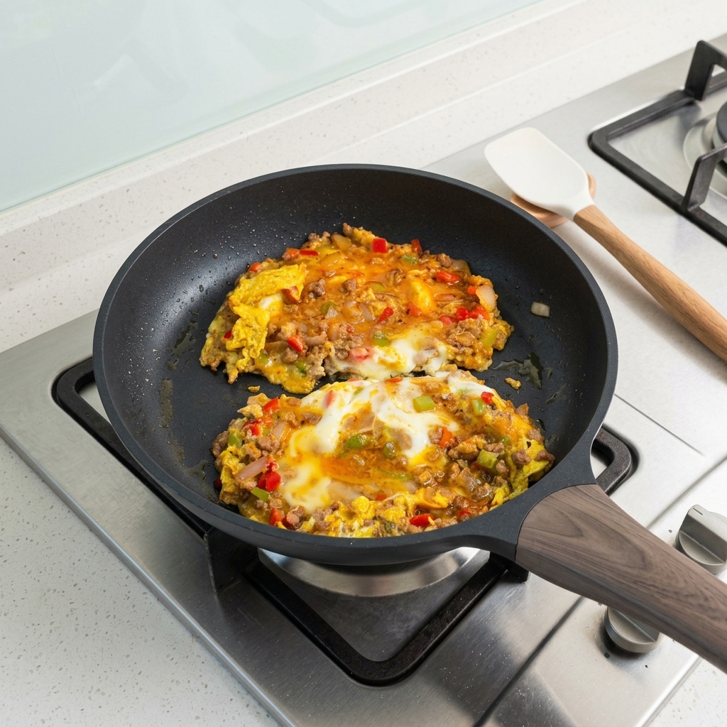 Slices of yellow cheese melting over a savory mixture of minced meat, eggs, and diced green peppers in a non-stick pan.