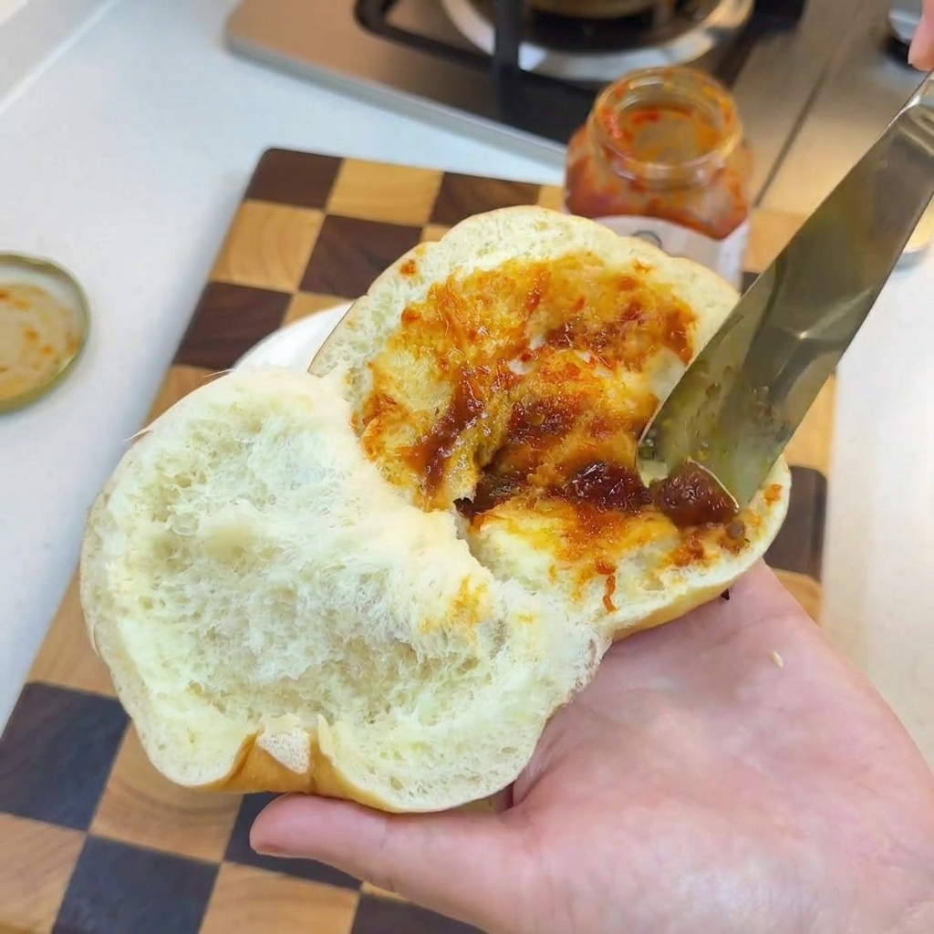 A halved, toasted burger bun held in a hand, with a metallic knife spreading a dark savory sauce and mayonnaise onto the soft, porous interior.