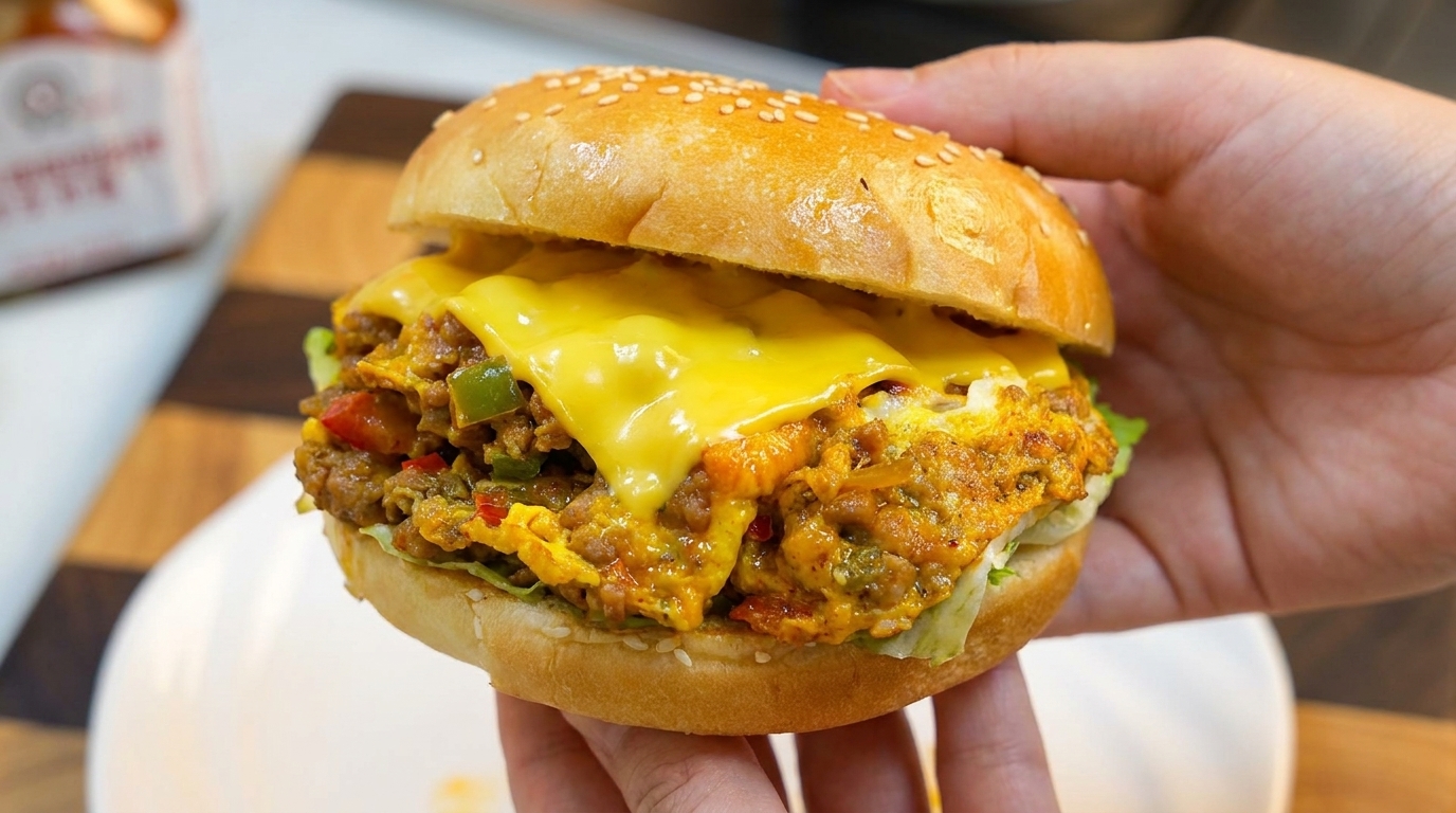 Green Pepper and Minced Meat Egg Burger