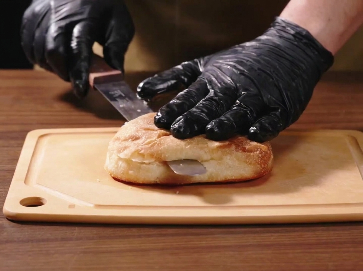 A pair of gloved hands using a serrated knife to cut a loaf of panini bread in half on a wooden cutting board.