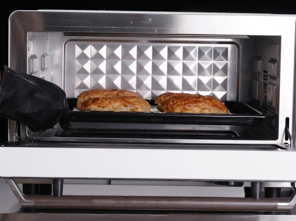 The two halves of the panini bread arranged on a black baking tray, positioned inside the oven to toast.
