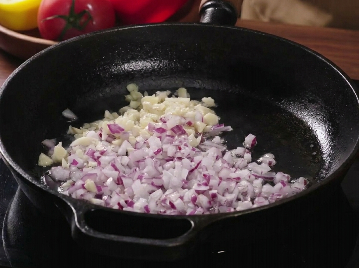 Minced pork browning in a skillet alongside the previously sautéed onions and garlic.
