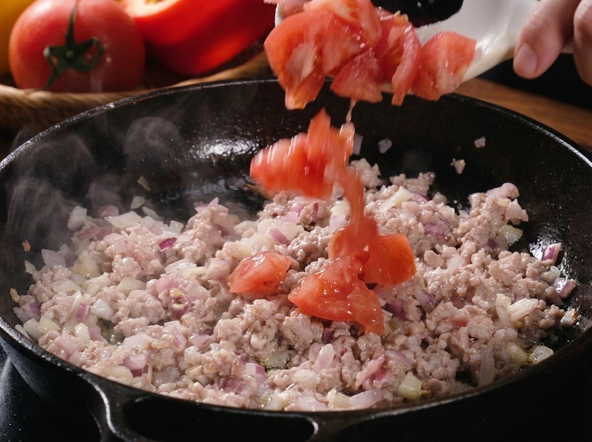 Freshly chopped tomatoes and diced bell peppers being added to the browned pork mixture in the skillet.