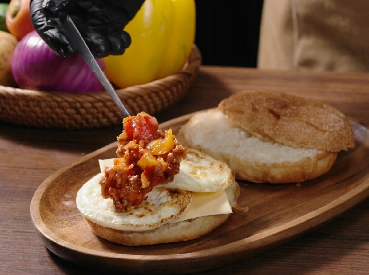Spoon adding the colorful, chunky meat and vegetable sauce over the fried eggs.