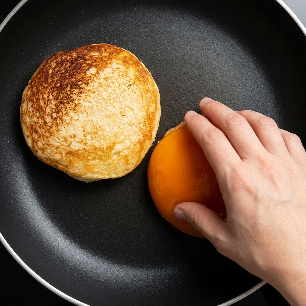The cut sides of burger buns toasted to a perfect golden brown in a frying pan.