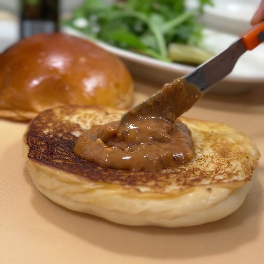 A knife spreading thick brown peanut sauce evenly onto the toasted bottom half of a burger bun.