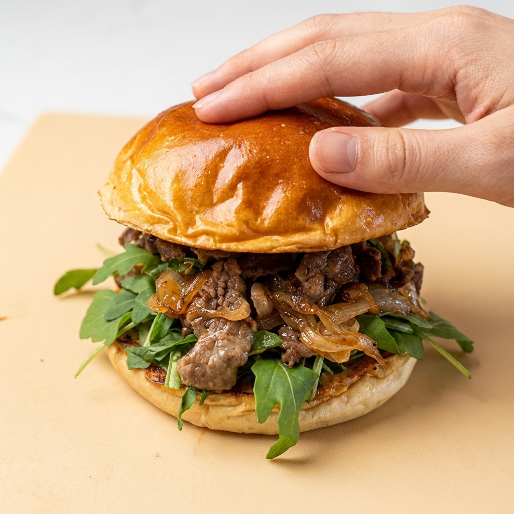 A hand gently pressing the toasted top half of a burger bun onto a tall, fully loaded beef burger.