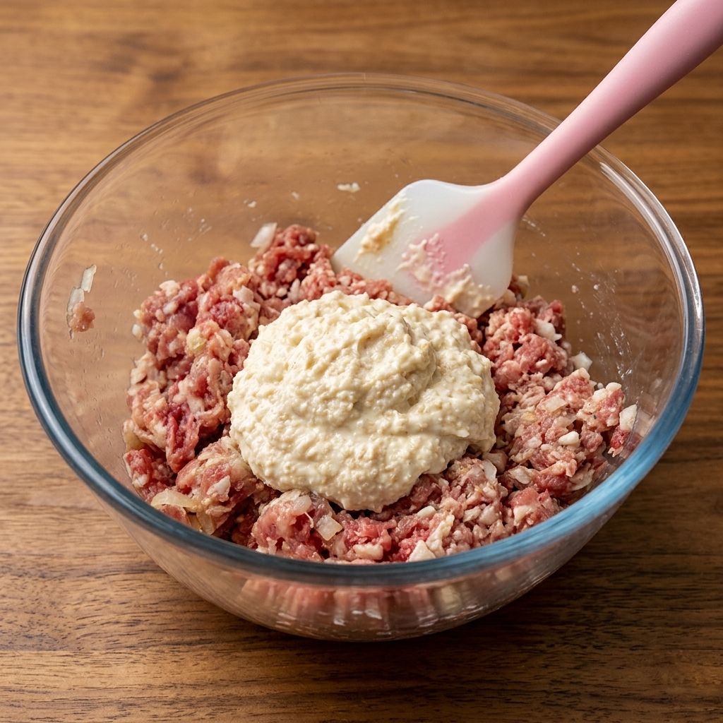 Mayonnaise and breadcrumbs sitting on top of the seasoned meat mixture.