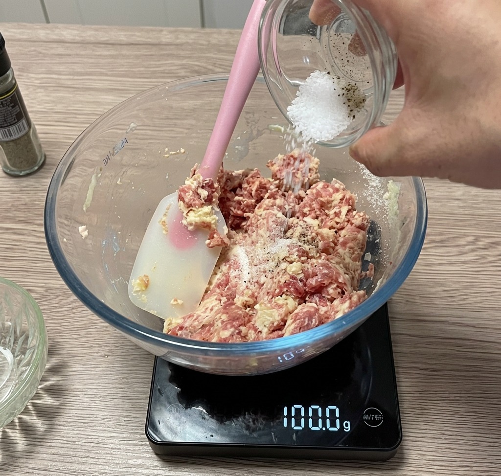 Seasoning being added to the meat bowl while resting on a kitchen scale.
