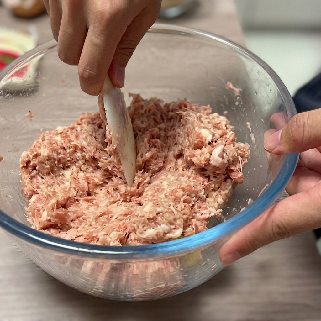 The meat mixture being sectioned into equal portions inside the mixing bowl.
